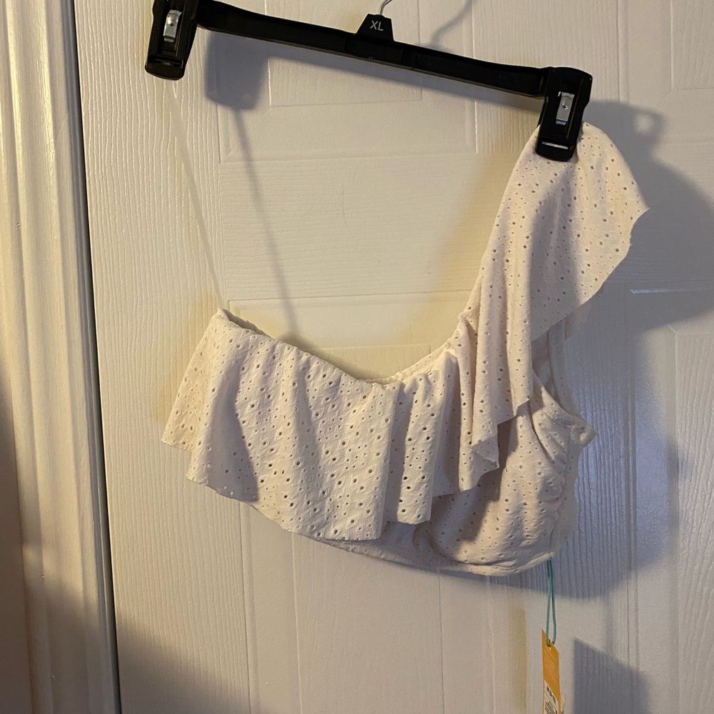 Kona Sol Bikini Top Womens M White Eyelet Ruffled One Shoulder Stretchy Comfort